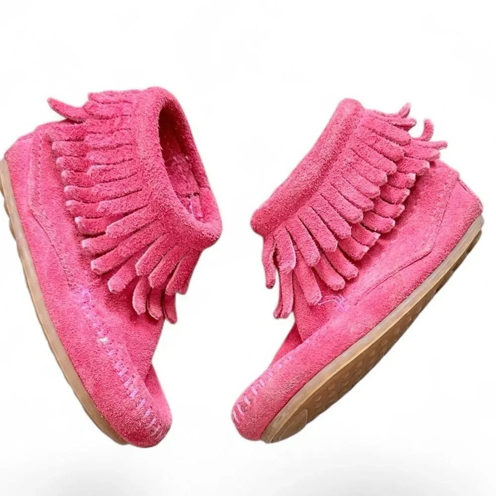Minnetonka Pinkish Red Suede Fringed Booties